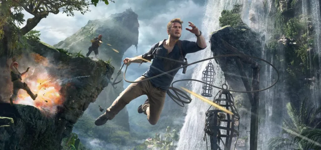 Nathan Drake saltando con una cuerda