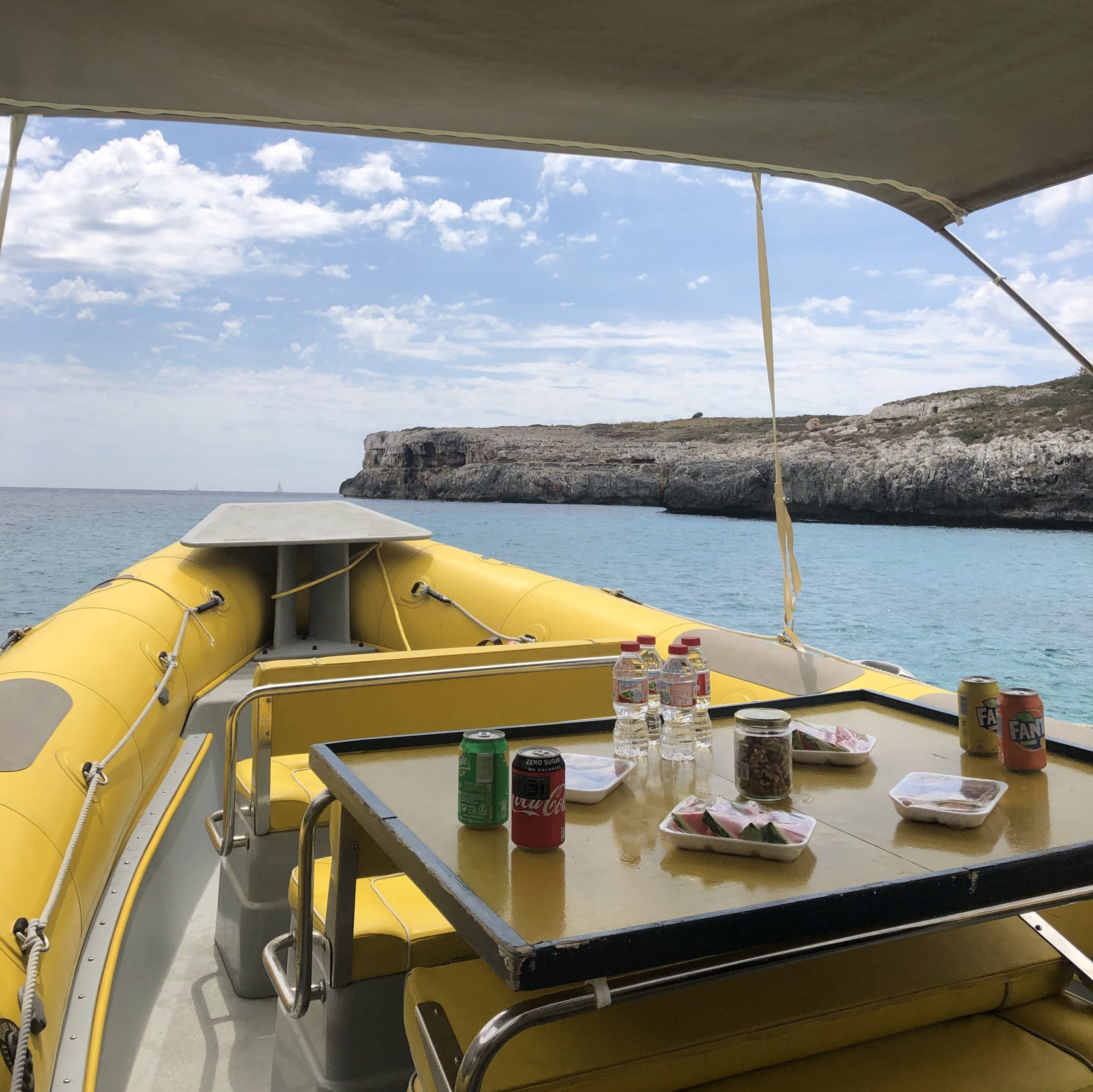 Un barco en medio del mar, aparece una mesa con varios refrescos y fruta fresca cortada