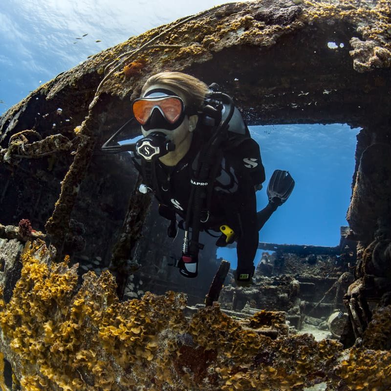 Una buceadora explorando un naufragio sumergido