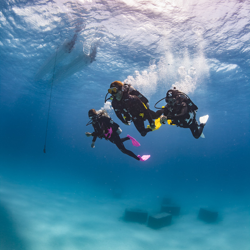 Tres clientes de SKUALO realizando una salida de buceo