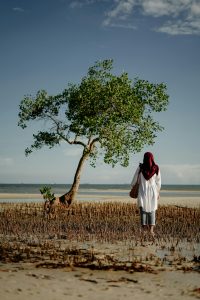 Mujer frente un arbol moviendo las hojas por el viento