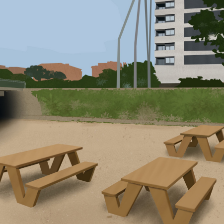 Dibuix d'una zona del riu Segre, amb el fons esquemàtic i els elements més realistes. Representa com es veuria una zona del riu si tingués una zona amb taules de pícnic.