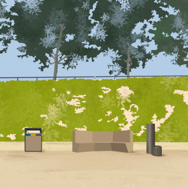 Dibuix d'una zona del riu Segre, amb el fons esquemàtic i els elements més realistes. Representa com es veuria una zona del riu si tingués un banc, una brossa, i una font.