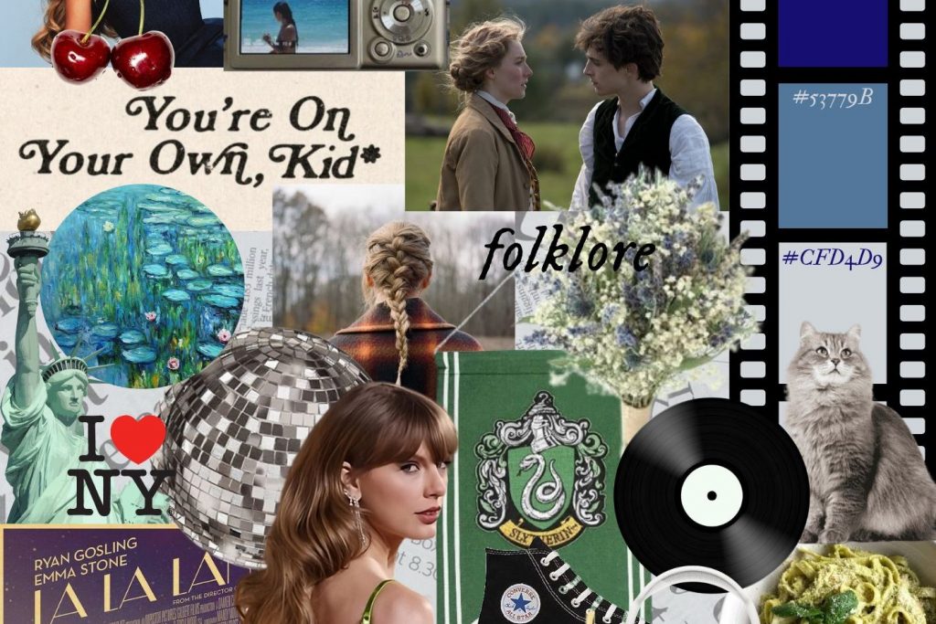 Collage representatiu de l'artista Duna Estrada, que integra elements com la Taylor Swift, Little Women, Harry Potter, colors representatius, i altres elements relacionats.