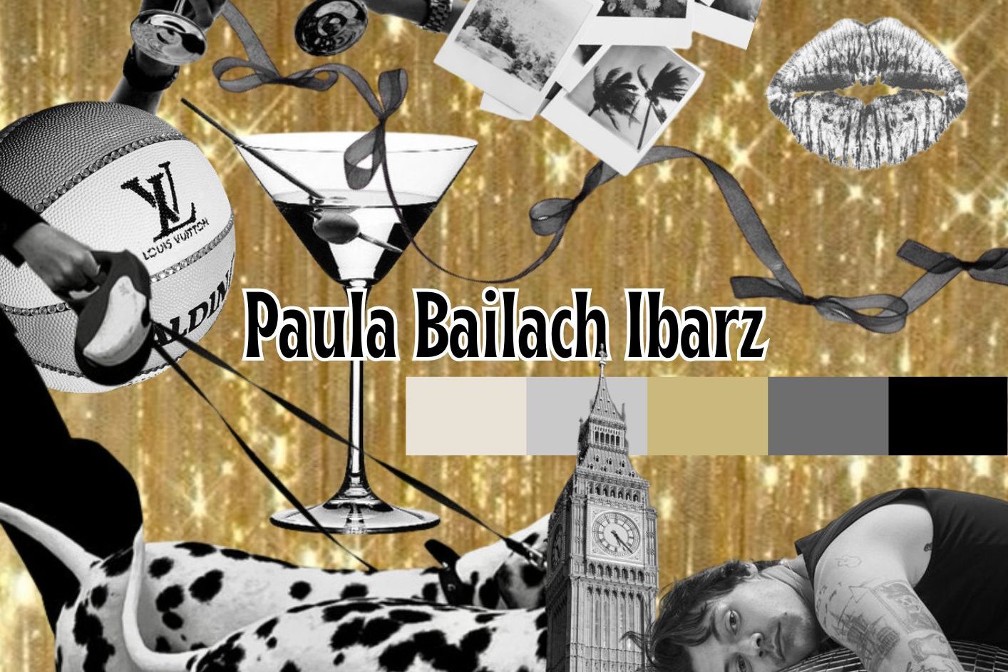 Collage representatiu de l'artista Paula Bailach, que té un fons daurat, i tots els elements en blanc i negre. Hi ha elements com el Harry Styles, una pilota de bàsquet, entre altres.