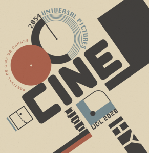 Cartel estilo Bauhaus, representando una cámara filmatográfica antigua