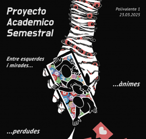 Cartel Adicción a redes sociales, mano rota sosteniendo un móvil dónde hay personas intentando escapar.