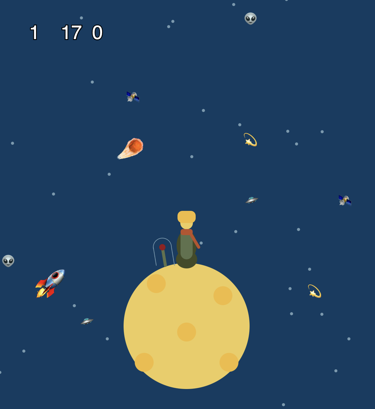 Reloj interactivo, representación del pequeño príncipe sentado en la luna mirando al cielo con estrellas, cortes, celestes...