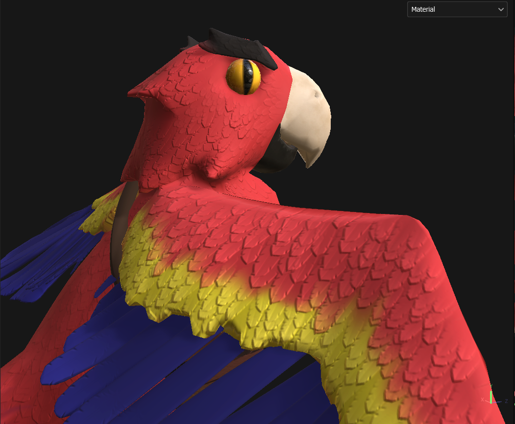 Loro colorido rojo, amarillo y azul con bolsa