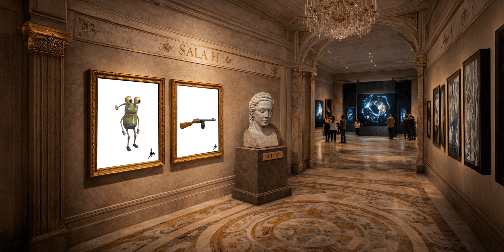 Vista de la sala H con obras digitales expuestas