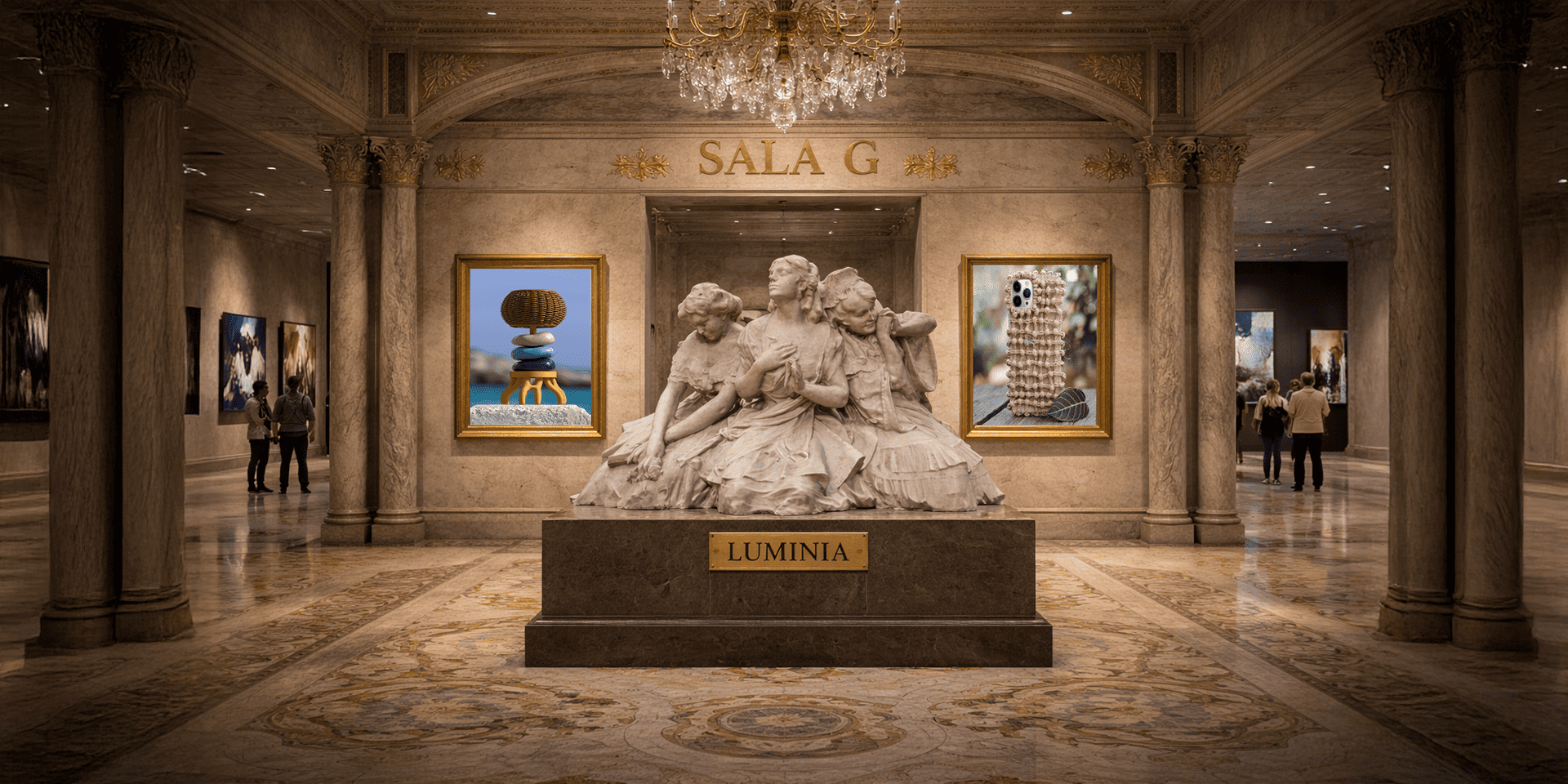 Vista de la sala G con obras digitales expuestas