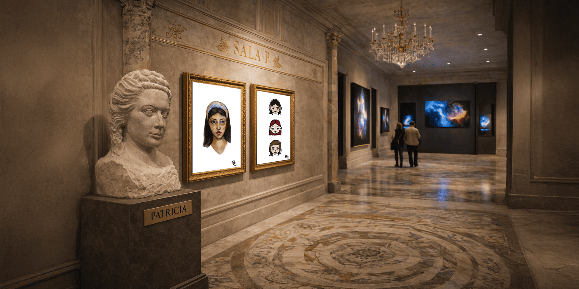 Vista de la sala P con obras digitales expuestas