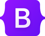 Icona morada en forma d'escut o insígnia decorativa amb la lletra B blanca gran al centre. Té un disseny ondulat i elegant a les vores, i dos petits cercles blaus a la dreta. Es de Bootsrap