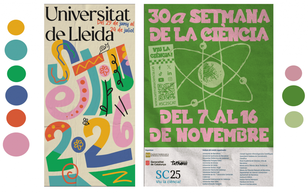 Dos cartells promocionals del 2026. A l’esquerra, cartell colorit i juganer de la Universitat de Lleida per a un esdeveniment del 29 de juny al 24 de juliol, amb disseny gràfic vibrant, formes abstractes, números grans “2026”, cargol i abella. A la dreta, cartell verd de la 30a Setmana de la Ciència del 7 al 16 de novembre, amb un àtom, codi QR i informació d’organitzadors.