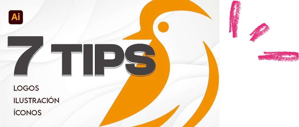Imatge promocional d’Adobe Illustrator. A la part superior esquerra el logo “Ai”. Gran títol “7 TIPS” en negre. A sota, les paraules “LOGOS”, “ILUSTRACIÓN” i “ICONOS”. A la dreta, una gran il·lustració estilitzada d’un ocell taronja sobre un fons blanc amb formes ondulades.