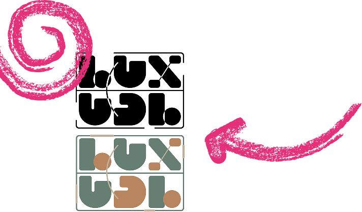 Disseny de logo per a “LUX UDL”. Es mostren dues versions principals: la superior en negre sobre blanc amb lletres geomètriques i estilitzades dins d’una quadrícula, i la inferior en tons verds, marrons i beix. A l’esquerra hi ha un cercle espiral rosa i a la dreta una gran fletxa rosa assenyalant cap als logos.