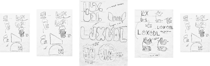 Fulls de paper amb esbossos manuals i proves tipogràfiques per al disseny d’un logo. Es repeteixen les paraules “LUX” i “UDL” en diferents estils, combinacions i composicions. Inclou variacions amb formes geomètriques, ombres, textures i anotacions escrites a mà.