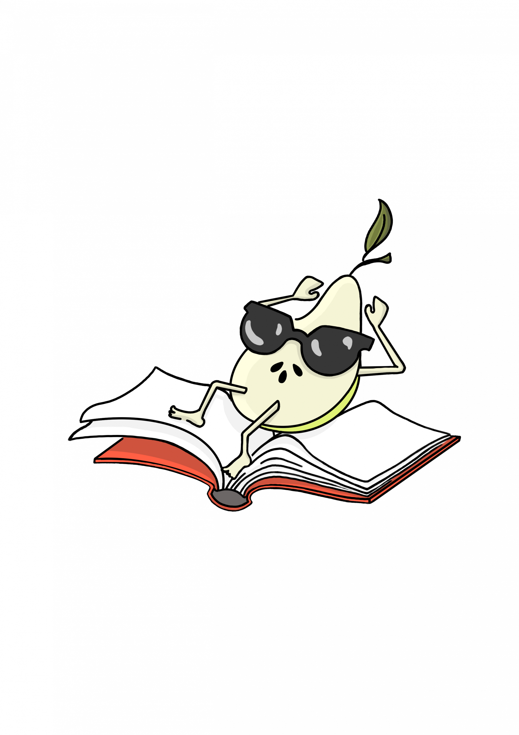 Il·lustració cartoon d’una pera antropomòrfica amb ulleres de sol negres, estirada relaxadament sobre un llibre obert de tapa vermella. La pera té braços i cames, una fulla al cap i posició de descans, com si estigués llegint o gaudint del moment