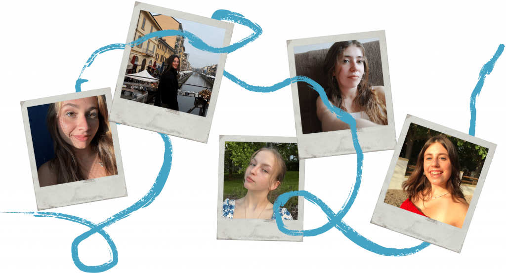 Collage de cinc fotografies estil Polaroid de les creadores de la pàgina. comença per la Xènia, després Paula, després Bella, Jana i finalment Iris. Les imatges estan connectades per una cinta blava ondulada sobre fons blanc, amb un cercle blanc al centre