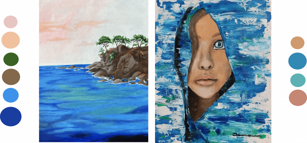 Díptic de dues pintures. A l’esquerra, paisatge marí amb una illa rocosa i arbres verds davant d’un mar blau intens i un cel suau de tons rosats. A la dreta, retrat artístic d’una dona amb ulls blaus intensos, el rostre emergint d’un fons abstracte de blaus i verds ondulants, com si estigués immersa en l’aigua. Estil pictòric expressiu.
A l'esquerra hi ha la paleta de colors: #E7C5C3, #F1C19E, #396223, #83684B, #3E92EA, #1B3DA0. 
A la dreta hi ha la paleta de colors: #CF9A6E, #3389B4, #5DB0B3, #C58773