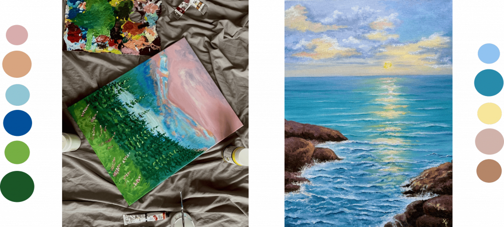 Díptic de dues pintures d'aquarel·la. A l’esquerra, una obra en procés que mostra un bosc de pins verds davant d'un mar blau i un cel de tons rosats, envoltada de pinzells i tubs de pintura. A la dreta, l'obra acabada d'un paisatge marí on el sol surt a l'horitzó, reflectint-se sobre l'aigua entre roques costaneres. Estil pictòric suau i expressiu.
La paleta de colors de l'esquerra: #D9ADAE, #D7A580, #92C6D4, #03509B, #78AF43, #1B5626. 
A la dreta hi ha una paleta de colors, els colors son: #90C3F, #288BAA, #F7E69B, #D0B3AA i #B58668