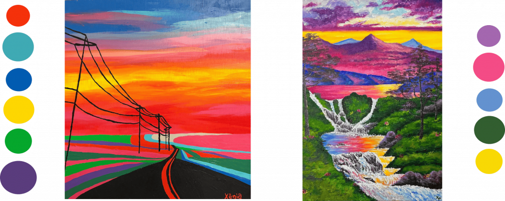 alt="Dos quadres pintats: a l'esquerra, un paisatge urbà abstracte amb una carretera que s'allunya cap a l'horitzó sota un cel de colors vius taronja, vermell i rosa, amb pals elèctrics i cables, signat per Xènia; a la dreta, un paisatge natural realista amb cascades, vegetació exuberant, muntanyes i un cel de posta de sol en tons violeta i groc. 
A la esquerra de tot hi ha una paleta de colors amb: #F53109, #3FAAB4, #015CB2, #FED701, #03A72B. 
I a la dreta de tot una altra paleta de colors, on els colors son: #A467AF, #F54C86, #6492CF, #315E30, #F7D903.