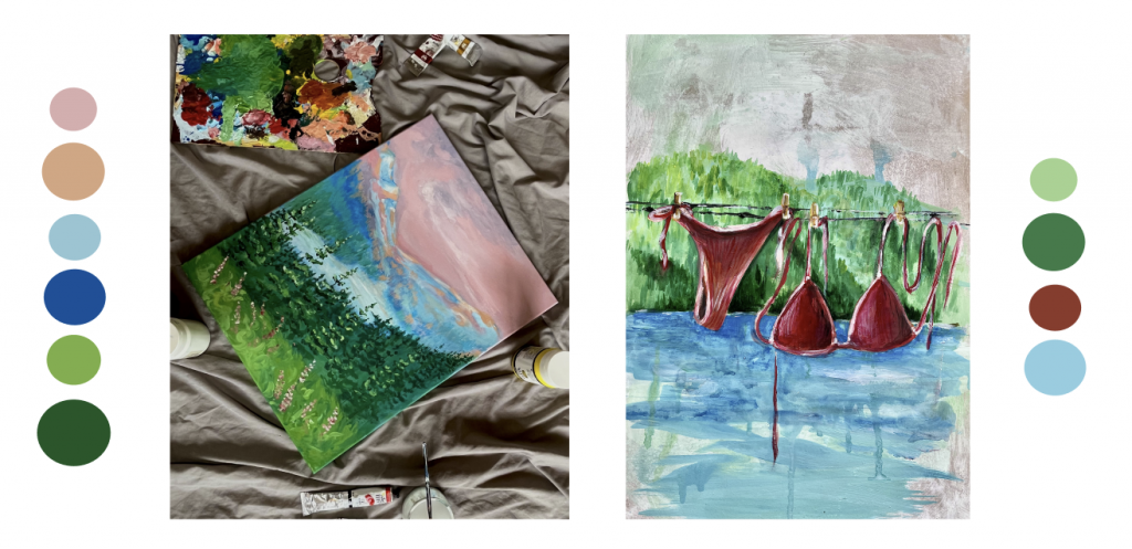 Dues obres pictòriques: a l'esquerra, fotografia d'un quadre en procés sobre una superfície de tela grisa, envoltat de pinzells, tubs de pintura i una paleta plena de colors, que representa un paisatge natural amb arbres verds i un cel rosat; a la dreta, pintura d'un biquini vermell estès en una corda per assecar, amb pinces daurades, davant d'un fons de vegetació verda i aigua blava. Al costat tenen dues palates de colors. 