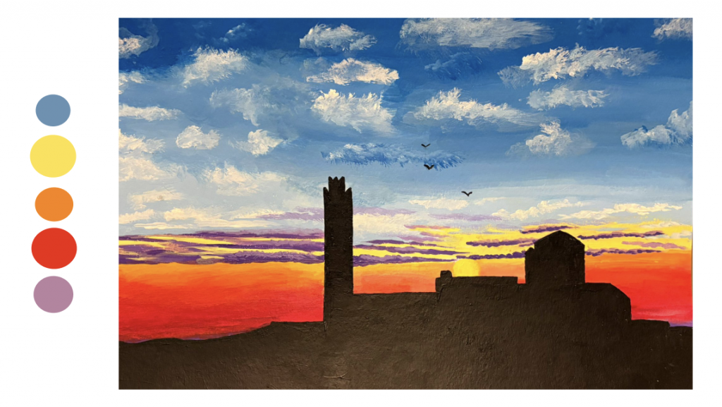 Pintura d'un paisatge amb la silueta fosca de la Seu Vella de Lleida en primer pla, davant d'un cel de posta de sol en tons taronja, vermell, groc i violeta, amb núvols blancs i tres ocells en vol.