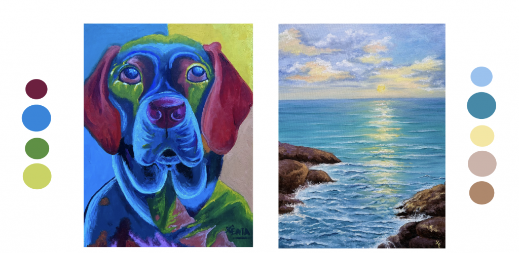 Dues pintures: a l'esquerra, retrat expressionista d'un gos de caça en colors vius blau, verd i vermell sobre fons blau i groc, signat per Xènia; a la dreta, paisatge marí realista amb roques a la costa, mar turquesa i un cel nuvolós amb el sol reflectit sobre l'aigua, també signat per Xènia.