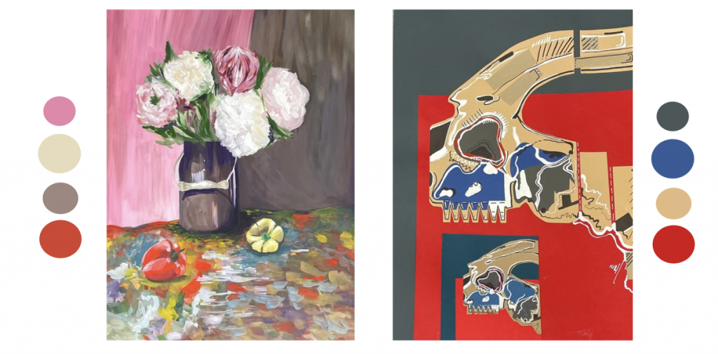 alt="Dues pintures amb les seves paletes de colors corresponents: a l'esquerra, natura morta impressionista amb un ram de peonies blanques i roses en un gerro fosc, pebrots vermells i grocs sobre una taula multicolor, acompanyada d'una paleta en tons rosa, crema, marró i vermell; a la dreta, composició abstracta pop-art amb cranis d'animal en daurat sobre fons de blocs geomètrics vermells, grisos i blaus, amb paleta en gris, blau, beix i vermell.