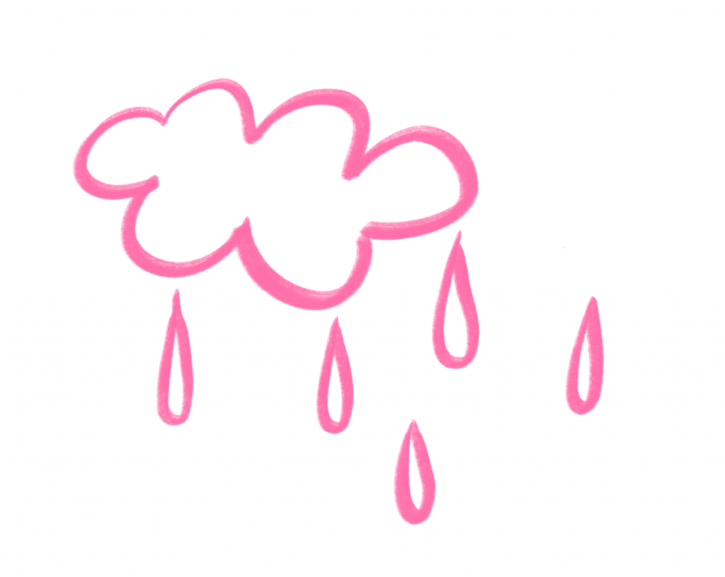 «Dibuix infantil d’un núvol rosa amb forma arrodonida i sis gotes de pluja caient cap avall, realitzat amb traços gruixuts sobre fons blanc.»