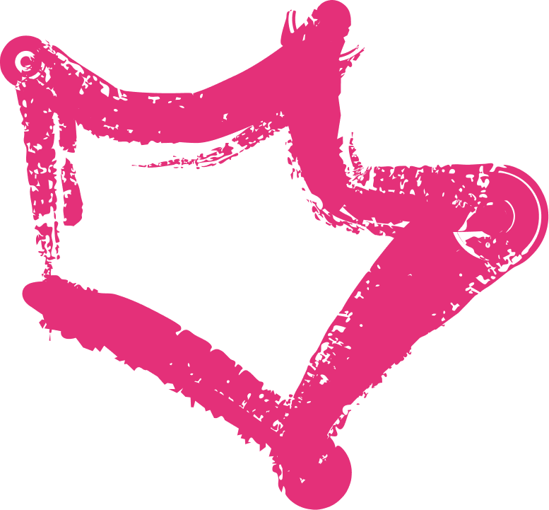 «Il·lustració d’una estrella de cinc puntes estilitzada en color rosa fúcsia sobre un fons rosa clar. Té un estil gruixut i texturat, com pintada amb pinzell o esprai, amb vores irregulars i efecte desgastat.