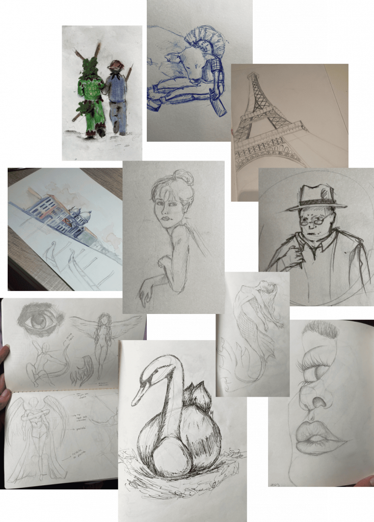 Col·lecció de dibuixos i esbossos a llapis, bolígraf i aquarel·la: dues figures amb disfresses de carnaval, un robot amb cap d'animal en bolígraf blau, la Torre Eiffel a llapis, un paisatge urbà en aquarel·la, un retrat femení, un home amb barret i ulleres, pàgines d'un quadern d'esbossos amb figures alades i estudis anatòmics, un cigne, un perfil facial amb detall dels llavis, i una figura de cavall de mar.