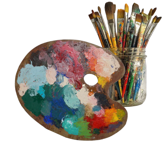 Paleta d’artista de fusta plena de pintura acrílica de colors vius (blaus, vermells, verds, grocs, blancs i taronges) amb una gerra de vidre plena de pinzells de diferents mides a la part superior dreta. Imatge composada amb elements gràfics blaus, estil collage artístic.
