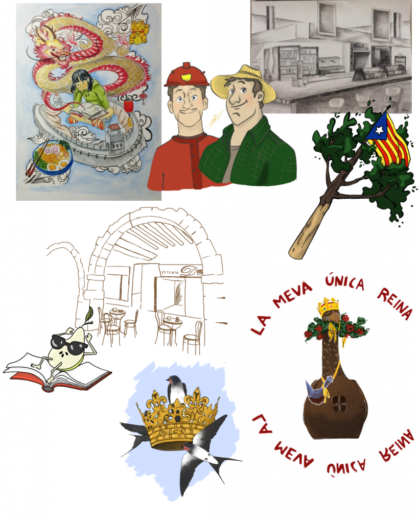 Col·lecció d'il·lustracions variades: un drac xinès dautat amb una noia llegint, dos personatges amb barrets, un interior de cafeteria a llapis, una oreneta amb corona daurada, una figura caganer amb estelada i text circular 'La meva única reina', una pera amb ulleres llegint, un dibuix arquitectònic d'una cafeteria i una corona de roses vermelles amb llaços grocs de Sant Jordi.
