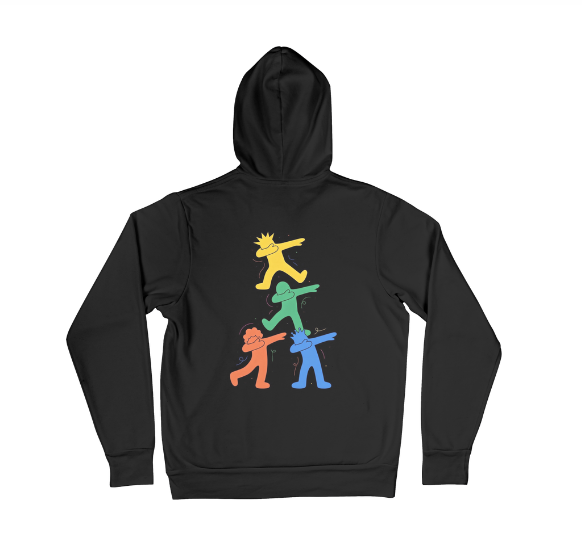 Sudadera negra con capucha con el diseño de los personajes de OMNIS en la espalda en colores vibrantes.