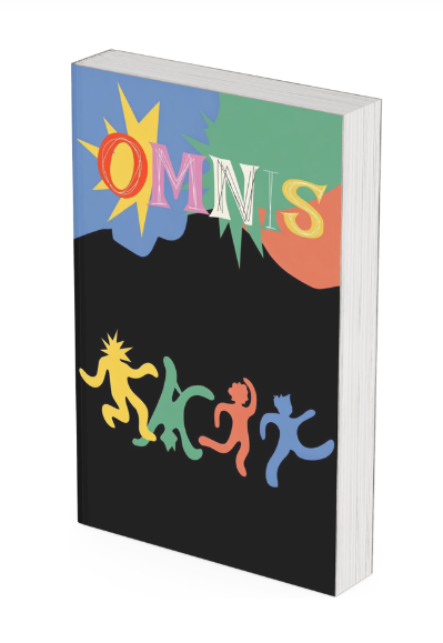 Libro de arte con portada negra donde destaca el nombre 'OMNIS' en letras grandes de colores y las siluetas de los personajes en la parte inferior.