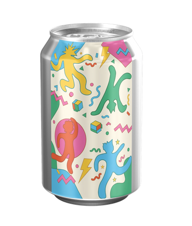 Lata de bebida con un diseño envolvente de patrón Memphis multicolor, integrando los personajes del museo en una estética moderna y refrescante.