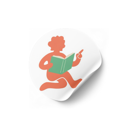 Pegatina troquelada del personaje rojo de OMNIS sentado y leyendo un libro de arte.