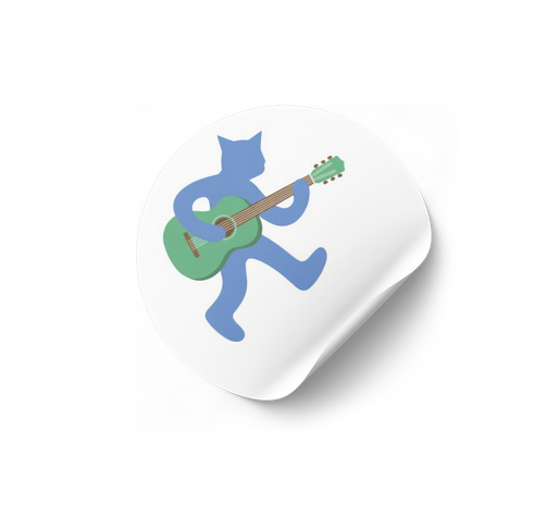 Pegatina troquelada del personaje azul de OMNIS tocando la guitarra eléctrica.