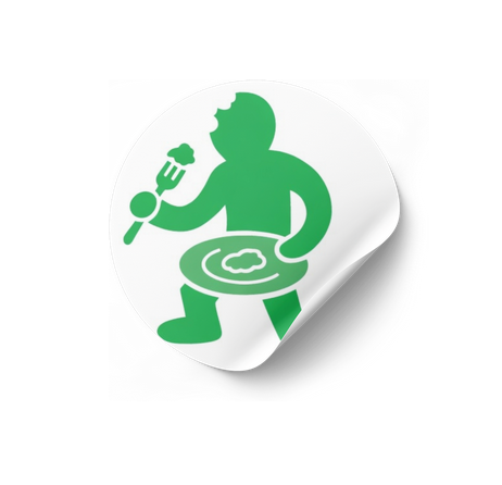 Pegatina troquelada del personaje verde de OMNIS, representado en una postura dinámica comiendo de un plato con un tenedor.