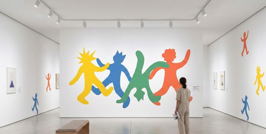 Fotografía de una sala de museo blanca donde se ven siluetas coloridas de los personajes de OMNIS (en amarillo, azul, verde y naranja) aplicadas a gran escala sobre la pared principal. Una visitante observa las figuras, simulando una exposición física del museo digital.