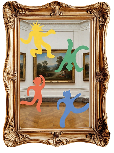 Un ornamentado marco dorado barroco que encuadra la vista de una galería de arte clásica. Sobre la imagen de la sala, destacan cuatro siluetas humanas abstractas en colores vibrantes (amarillo, verde, naranja y azul) con poses dinámicas y de baile, creando un contraste moderno sobre el fondo tradicional.