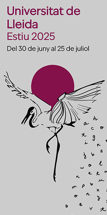 Cartel de la universidad de verano 2025 de la Universitat de Lleida con un diseño minimalista. Muestra la ilustración lineal de una garza volando frente a un gran círculo granate que representa el sol. Debajo del ave, caen letras tipográficas de forma desordenada sobre un fondo gris claro.