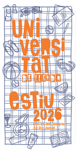 artel vertical de la universidad de verano 2026 de la Universitat de Lleida. Presenta un diseño estilo cuaderno de bocetos con un fondo de cuadrícula azul y dibujos a mano alzada de objetos veraniegos y académicos. El texto principal destaca en letras grandes de color naranja vibrante.