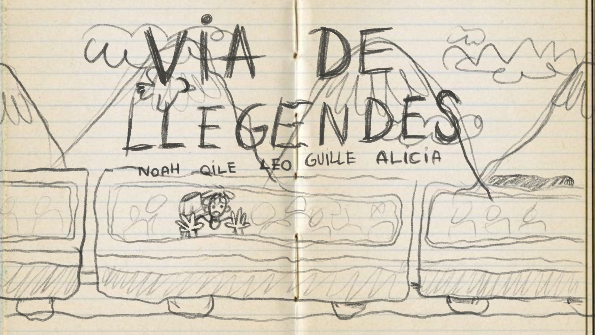 Imagen promocional del proyecto vía de Llegendes, representado con un estilo basado en garabatos.Fue un proyecto de desarrollo de videojuegos en el que se buscaba tratar el folcklore y leyendas autóctonas de la región de Lleida.
