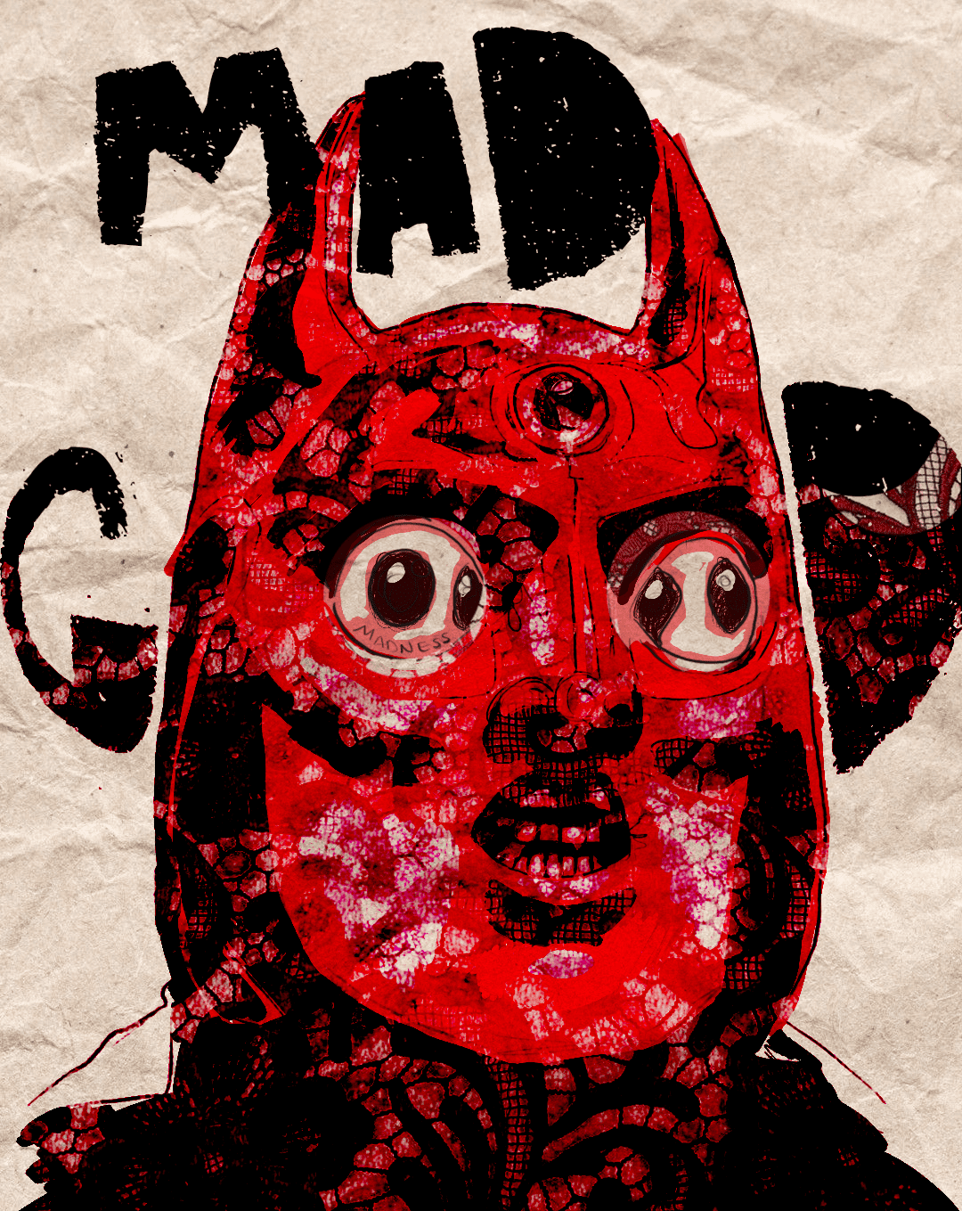 Ilustración surrealista, llevada a cabo con tramados y usos de colores rojos y contrastes entre sombras e iluminaciones directas. Se muestra el rostro de un demonio con una expresión similar a la de sorpresa. De difícil comprensión, se puede apreciar que tiene 3 ojos, de los cuales, 2 de ellos tienen 2 pupilas. Detrás del demonio se puede apreciar, escrito con una tripografía irregular y sucia las palabras "MAD" y "GOD", usando la cabeza como O.