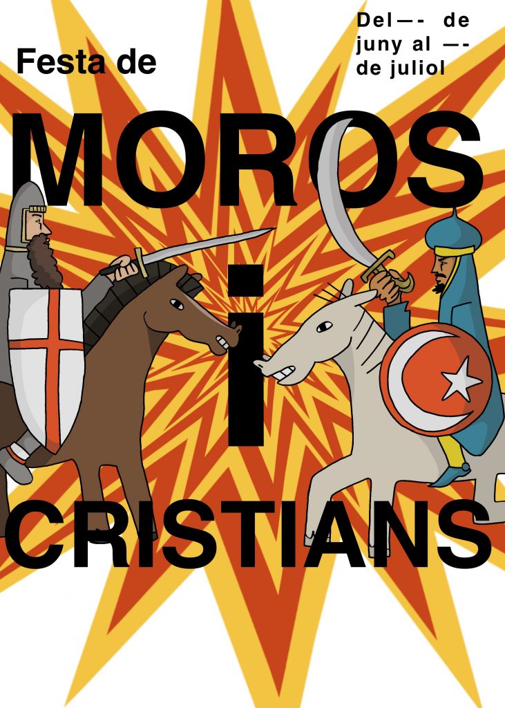 Cartel en el que se representan dos jinetes en batalla. Se representa la figura del moro y el cristiano, anunciando la festividad junto a su fecha de inicio y final.
