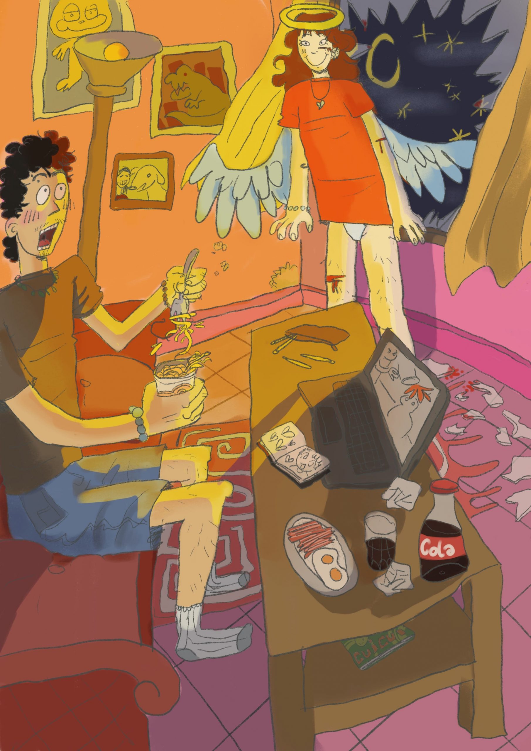 Ilustración estilo Cartoon, se representa a un joven comiendo mientras ve un vídeo en su ordenador, a su izquierda irrumpe un ángel rompiendo la ventana, el angel viste una camiseta roja y ropa interior, no lleva pantalones. La escena ocurre de noche, representada desde un punto de vista surrealista, casi un ojo de pez.