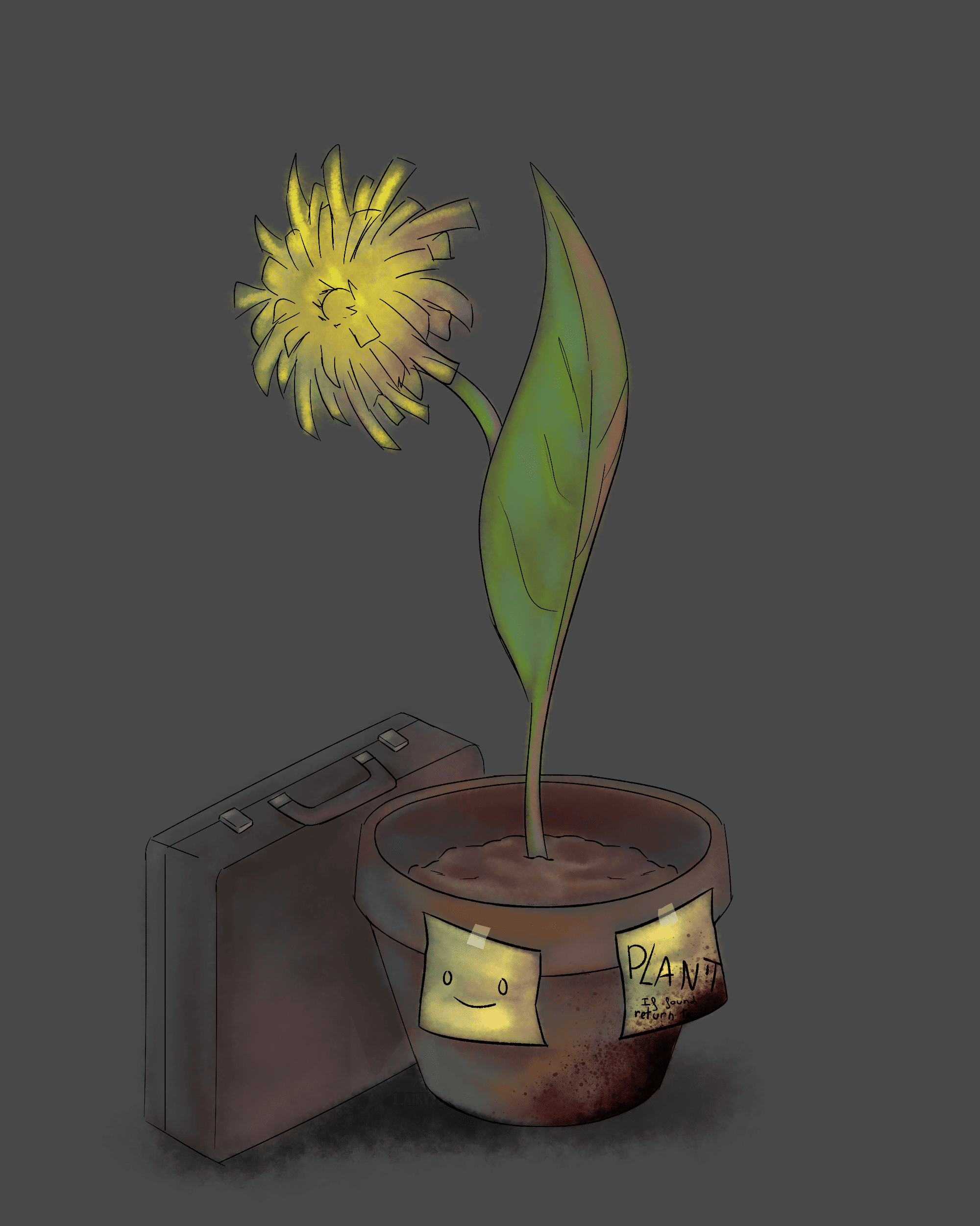 Ilustración estilo acuarela, se representa una maceta con un diente de leon plantado junto a una maleta. En la maceta hay pegadas dos notas, una con una cara feliz dibujada y otra con un texto. La escala de la maceta y la maleta confunden, pues no se sabe si se trata de una maleta más pequeña de lo normal, o si la maceta junto a la planta tienen un tamaño exagerado.